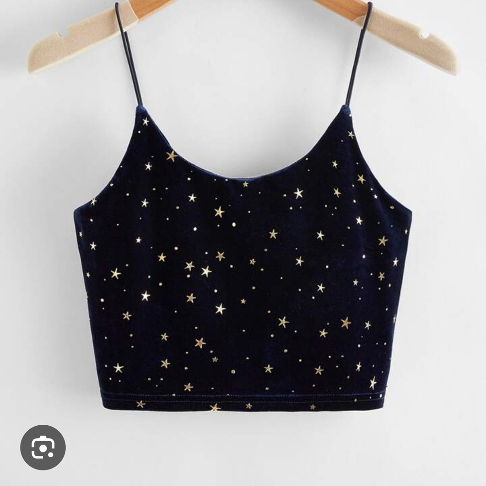 ROMWE Navy Velvet Star Print Cami Crop Top Galaxy